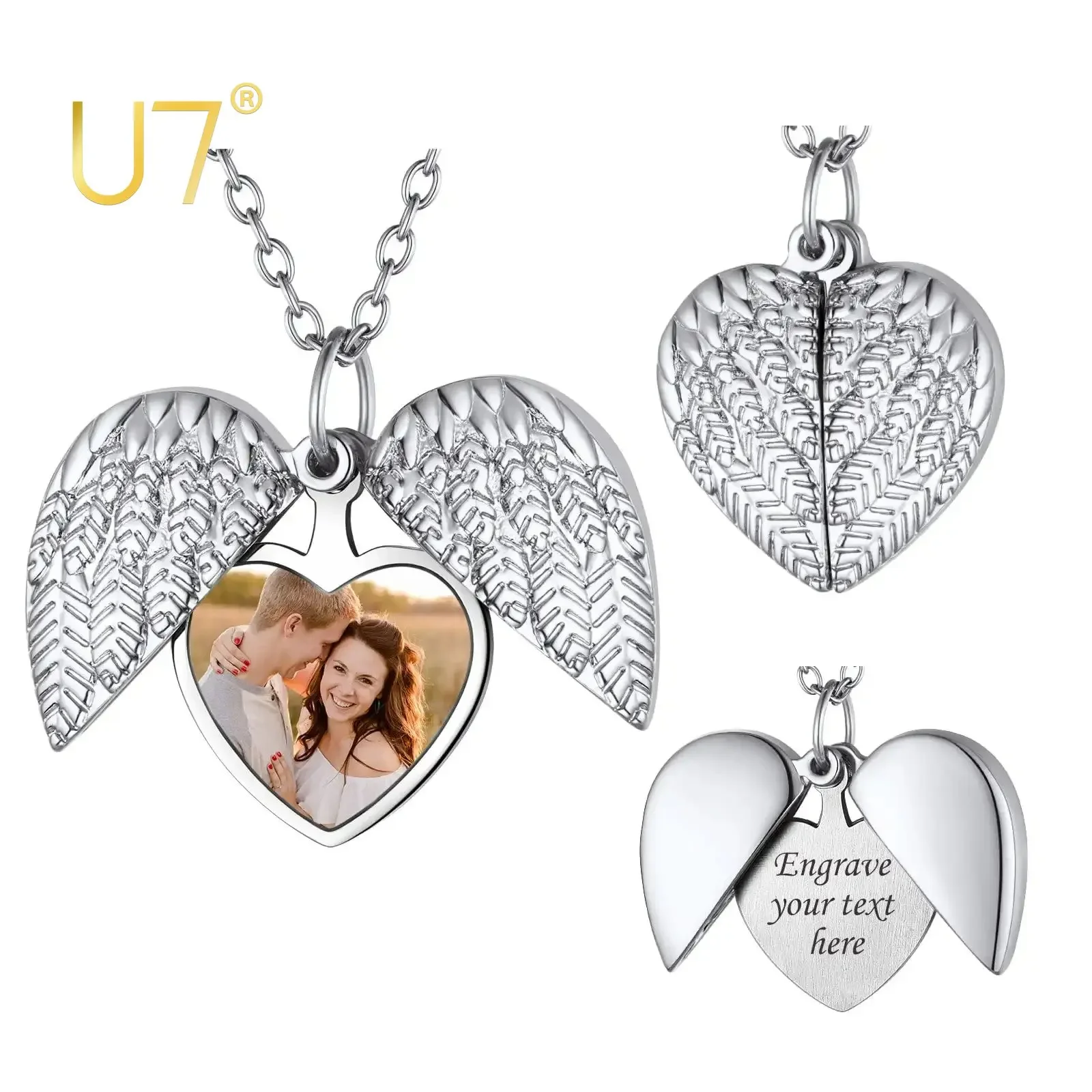 U7 Personalized Heart Locket Necklace Angel Wings Pendant with Photo Printing Dainty Color Picture Memorial Jewelry for Women 50pcs custom logo printing white cotton twill skincare product packing bag high quality reusable gift jewelry dust cotton pouch