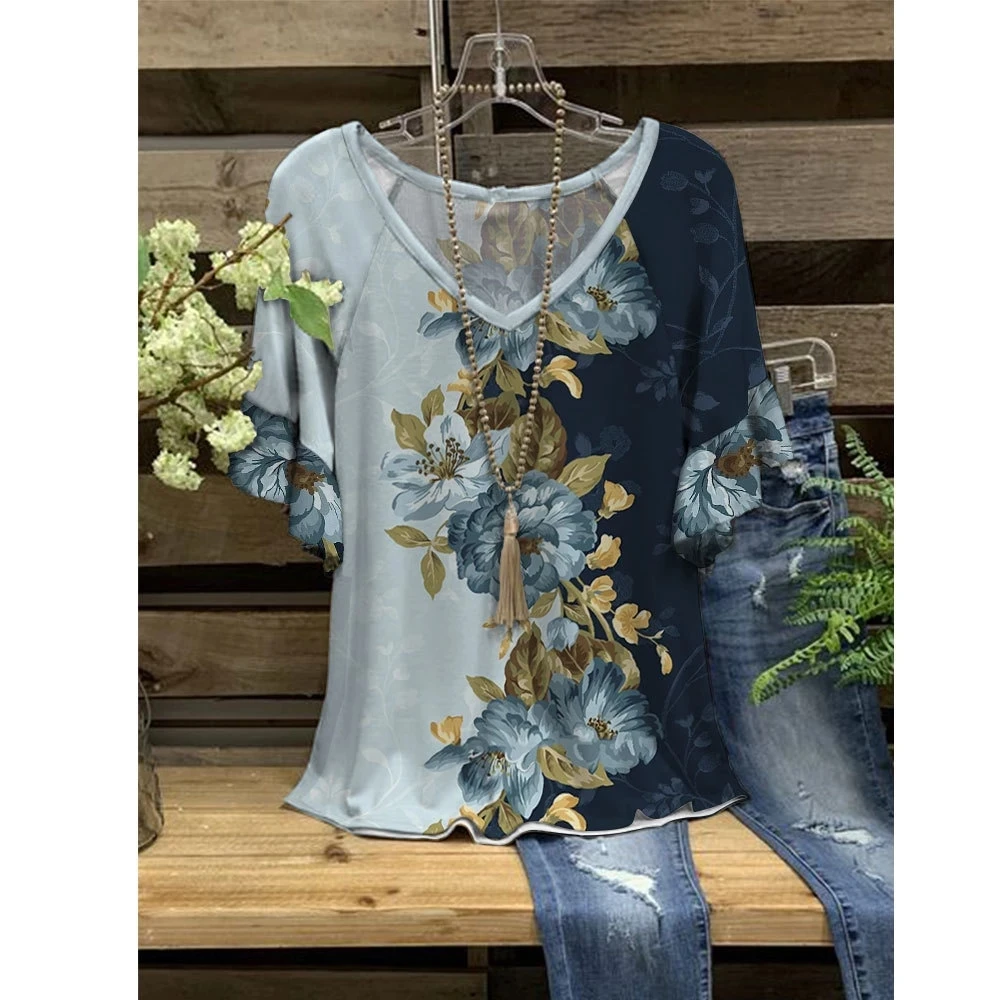

Women Summer Tops 3D T-Shirt Butterfly Floral Printing Loose Ruffle V-Neck Short Sleeve Casual T-Shirt Summer Streetwear