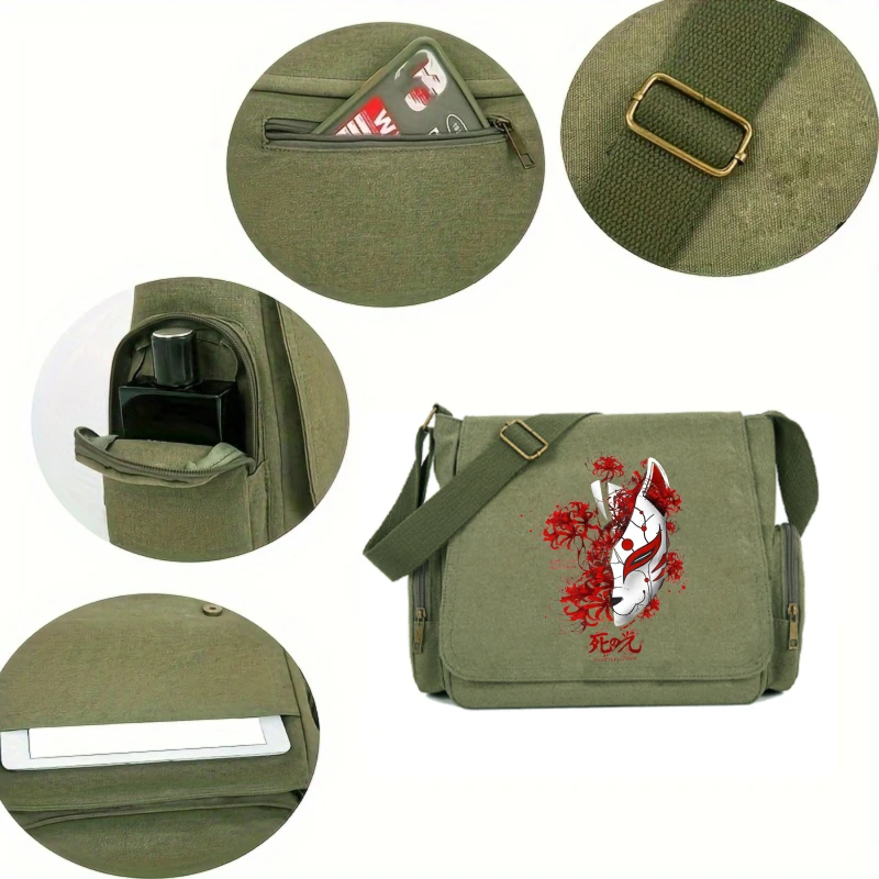 Artistic Men's Shoulder Bag Women's Crossbody Bag Canvas Fox Mask Print Large Capacity Messenger Bag