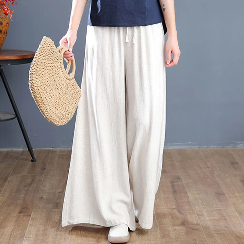Summer New Solid Color Fashion Elastic Waist Wide Leg Trousers Women High Street Loose Pockets Drawstring Pure Cotton Trousers