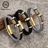 Vikings Runes Double-Layer Unfading Steel Wire Rope Bracelets Men Norse Gold Color Stainless Steel Wristband Luxury Male Jewelry