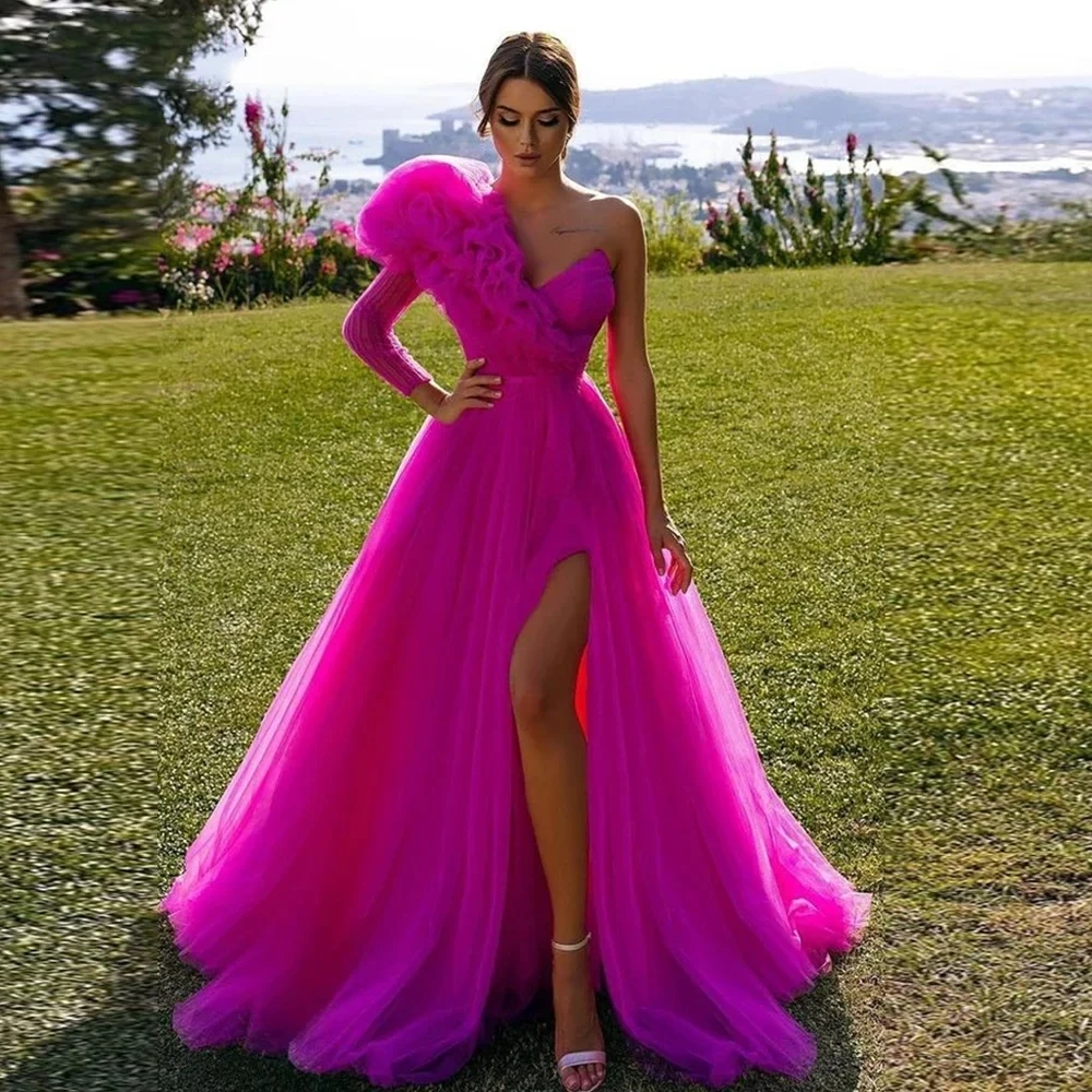 

Tulle Evening Dresses Vestidos De Fiesta One Sleeve V-neck Puff Arabic Dubai Formal Party Gowns Leg Slit Evening Prom Gowns