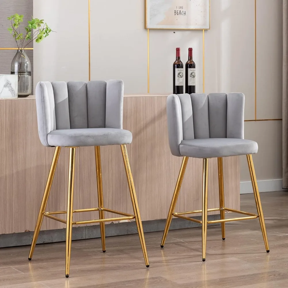 Gold Bar Stools Set of 2 Velvet Counter Height Chairs Back Upholstered Kitchen Stools Modern Barstools