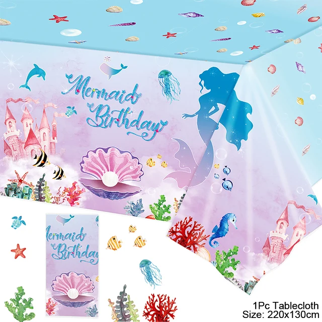 Mermaid Birthday Party Disposable Tableware Set Under The Sea Party Little Mermaid Girls 1st Birthday Decoration Shell Balloons 1pc tablecloth