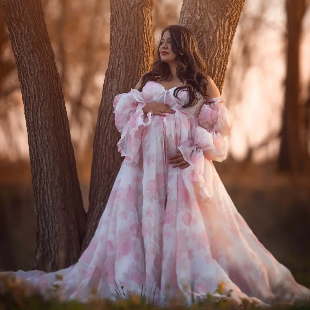 Růžová organza těhotenské šaty pro babyshower pryč rameno dlouhé rukávy ples šaty soumrak talár iluze vestidos pro prengnancy