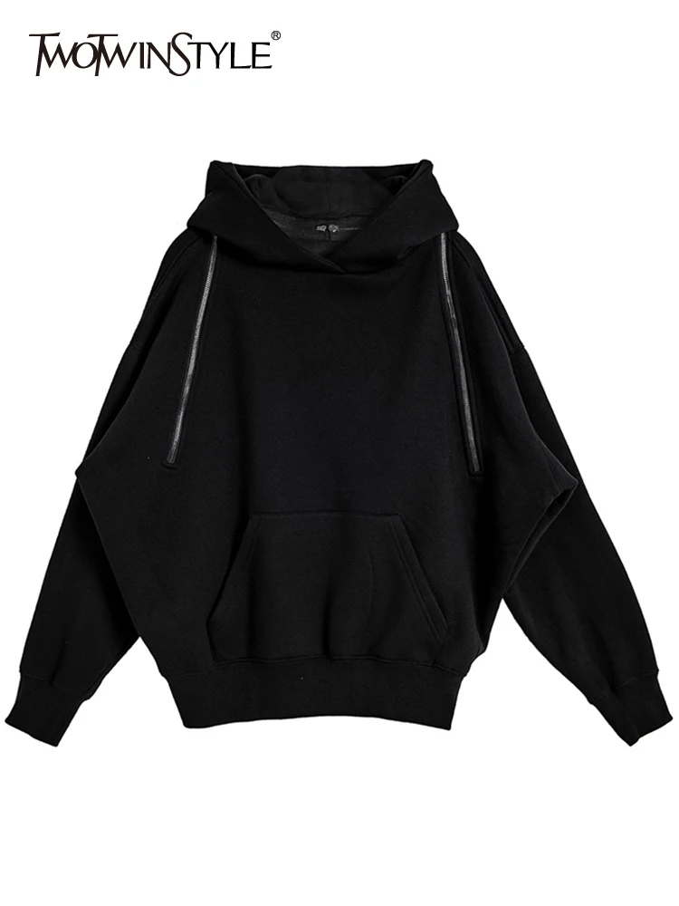 

TWOTWINSTYLE Minimalist Patchwork Drawstring Sweatshirts For Women Hodded Long Sleeve Knitted Pullover Sweatshirt Female Fashion