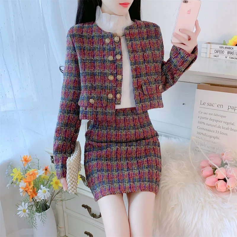 

Fall Winter Tweed Women's Clothes Thick Suit Jacket Coat Outwear + Elegant Plaid Skirts Two Pieces Set Ladies Casacos Female