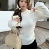 Autumn Winter flare Sleeve half Turtleneck Knitted Sweater Female korean Casual Pullover Jumper Slim Tops Women Beading Sweaters 2
