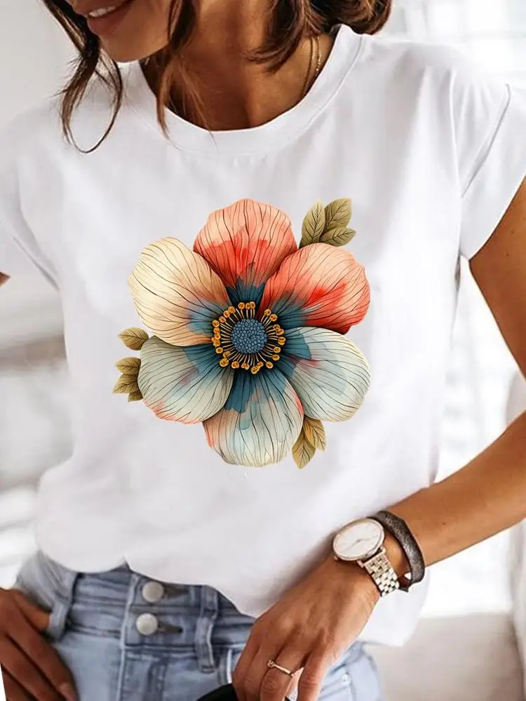 Clothes T Female Clothing For Women Graphic Tee Fashion Lady Sweet Flower 90s Casual Top O-neck Short Sleeve Print T-shirts