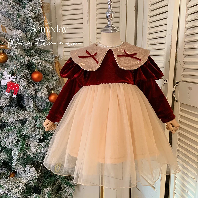 

Korean Children'S Clothing Girls' Temperament Mesh Stitching Dress Winter Western Style Little Girl Doll Collar Princess D