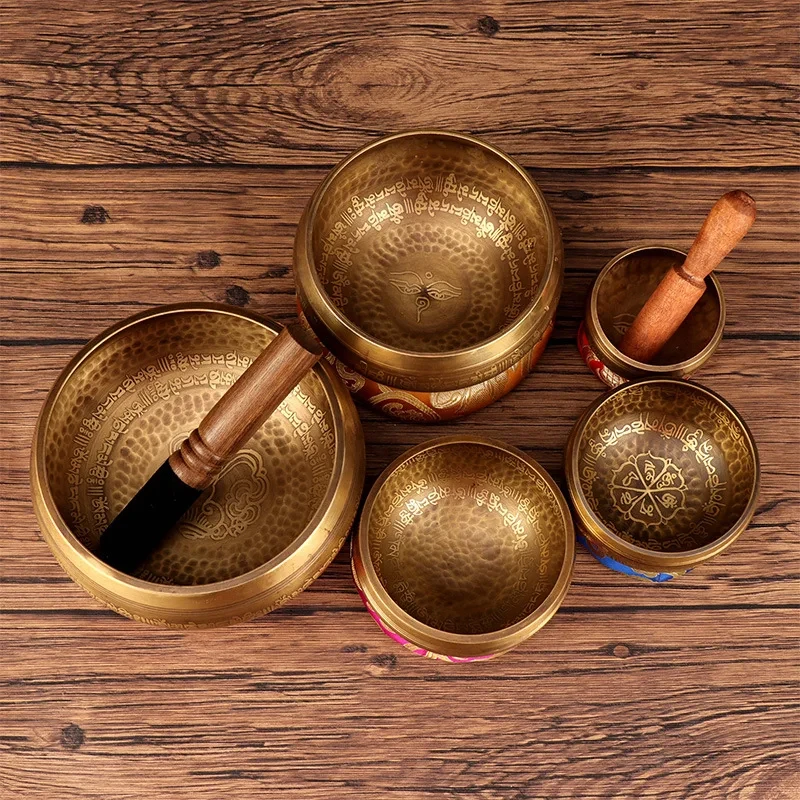 Singing Bowls Set Buddha Mantra Design Tibetan Nepal Handmade Singing Bowls Set Tibetan Bowl with Leather stick for Yoga Chanting Meditation