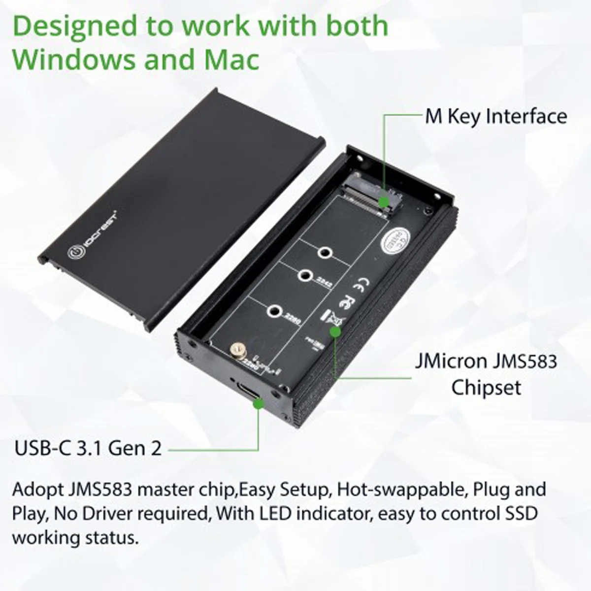 IOCREST Корпус для жесткого диска USB 3.1–M.2 NVMe JMS583 Чип Type-c ...