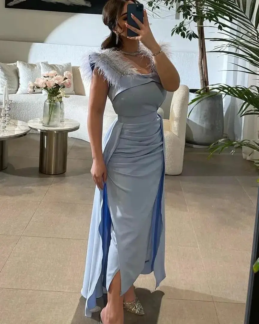 

Lovestory Vestidos De Gala Prom Dress for Women 2024 Feathers Off Shoulder Evening Dresses Ruched Side Slit Special Dinner Party