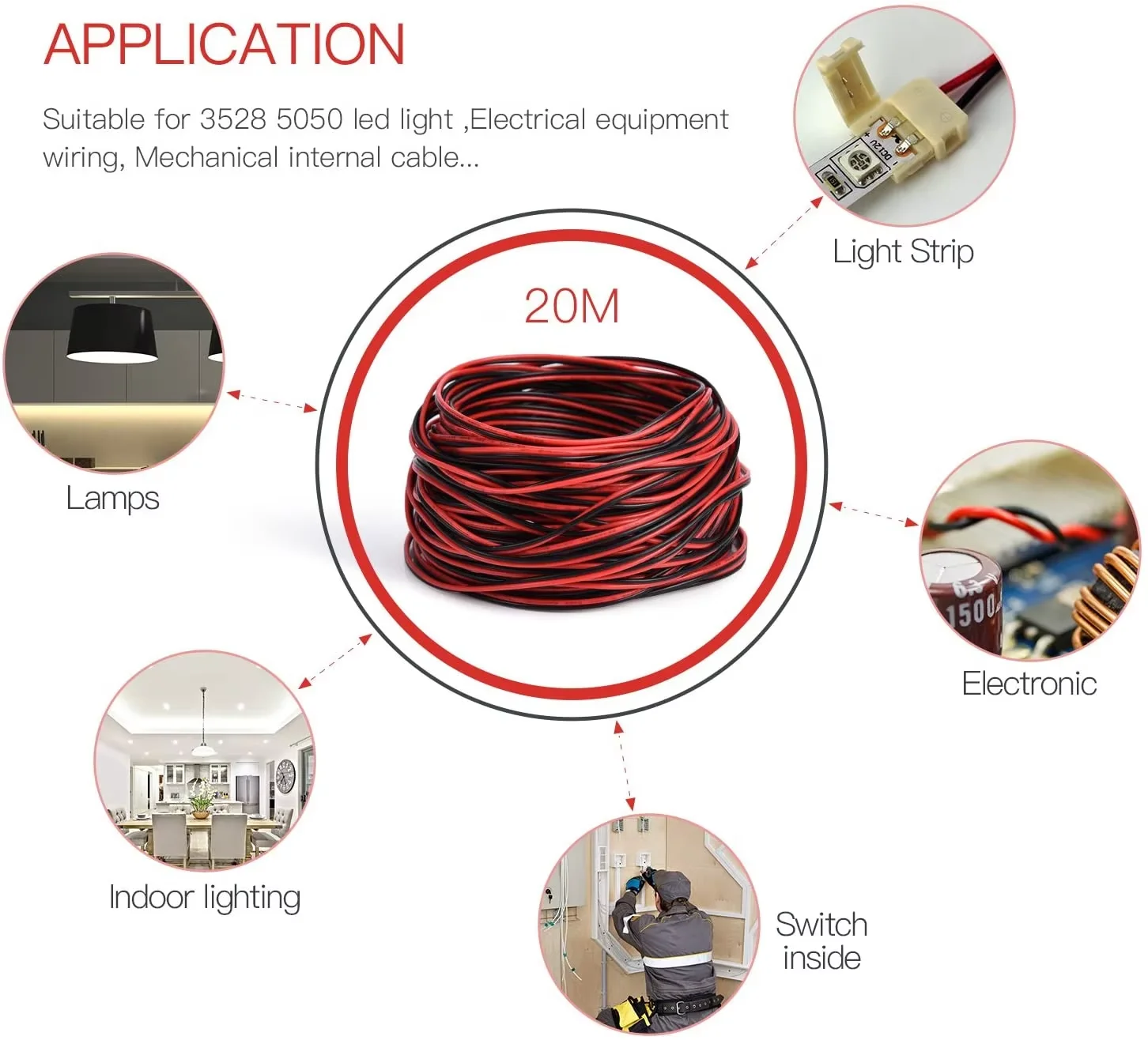 20 meters 2PIN Electrical Wire Tinned Copper PVC Insulated Red Black Cable For Single Color LED Strip Light Extension Wire 22AWG image 6