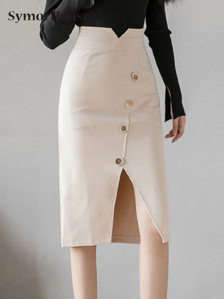

New Spring Summer Women's Skirts High Waist Work Wear Single-Breasted Split Skirt Elegant Ladies Casual Split Pencil Skirts
