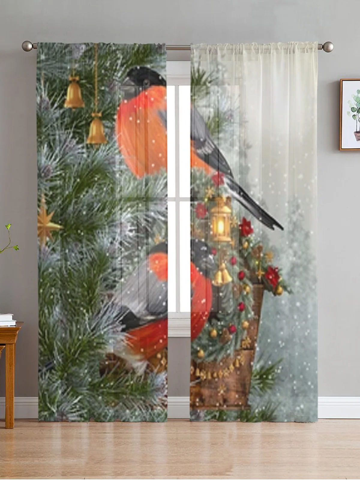 

Christmas Winter Birds Tulle Curtain For Living Room Bedroom Kitchen Decoration Window Voiles Tulle Curtain