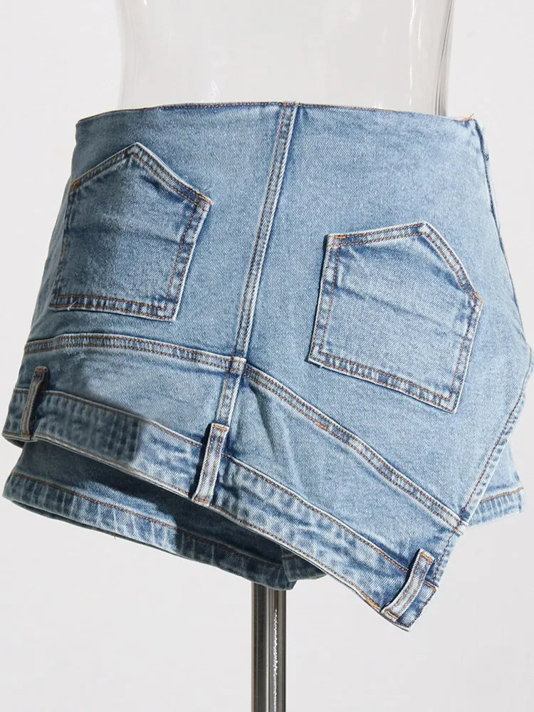 KBQ Irregular Hem Skinny Blue Denim Shorts For Women High Waist Patchwork Zipper Streetwear Short Pants Female Fashion Clothing
