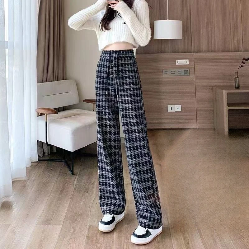 Deeptown Vintage Plaid Straight Pants Black Brown Sweatpants Women Loose Thicken Autumn Winter Korean Style Casual Wide Trousers