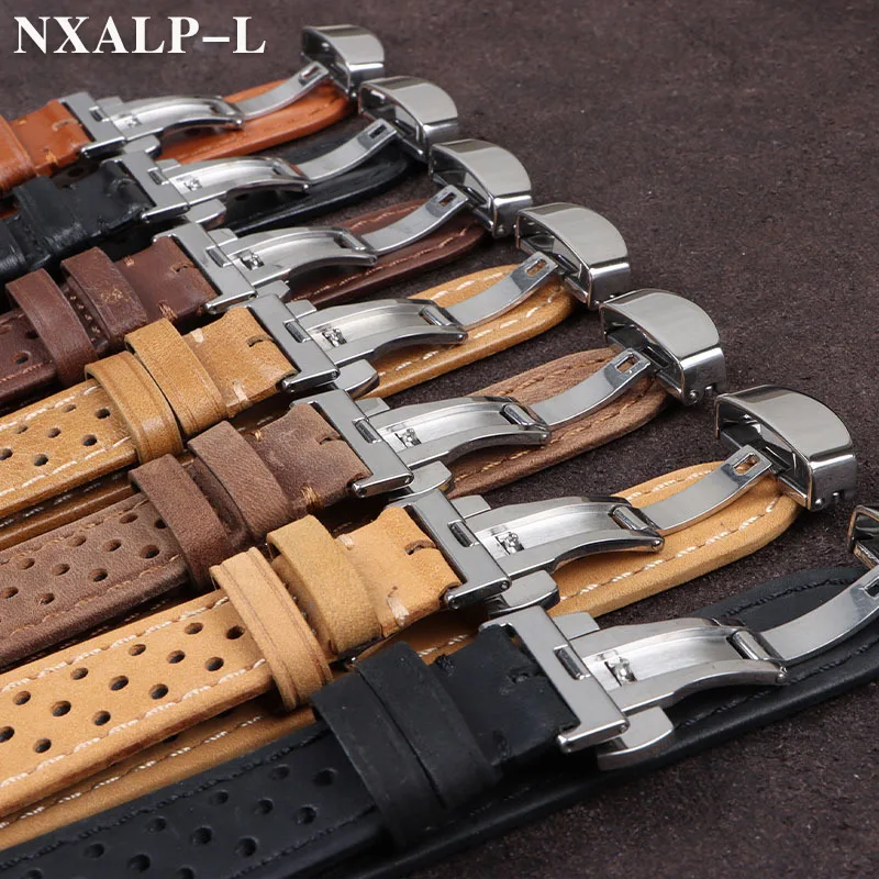 Breathable Cowhide Watch Strap with Matte & Oil Wax Finish and Butterfly Buckle