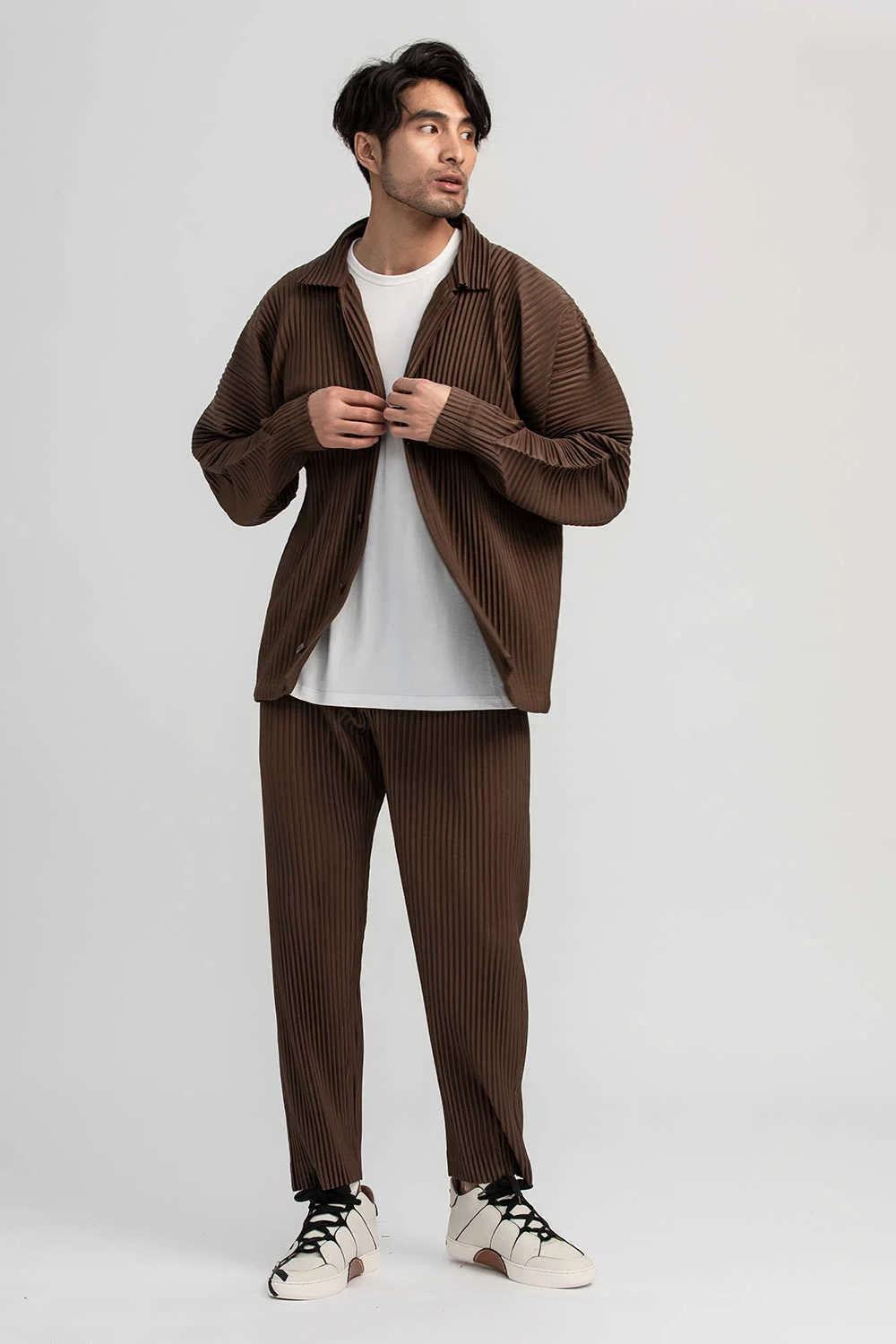 khaki pants IEFB /men's wear Japanese stretch fold fabric thin style loose wide leg pants straight pleated casual pants for male Y3059 JF150 casual dress pants