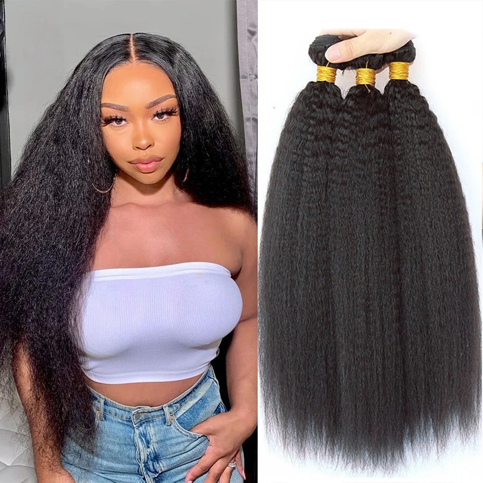 Kinky Straight Hair Bundles Human Hair Extensions for Woman Cheap Yaki Straight 1/3/4 Bundle Deals Natural Weave
