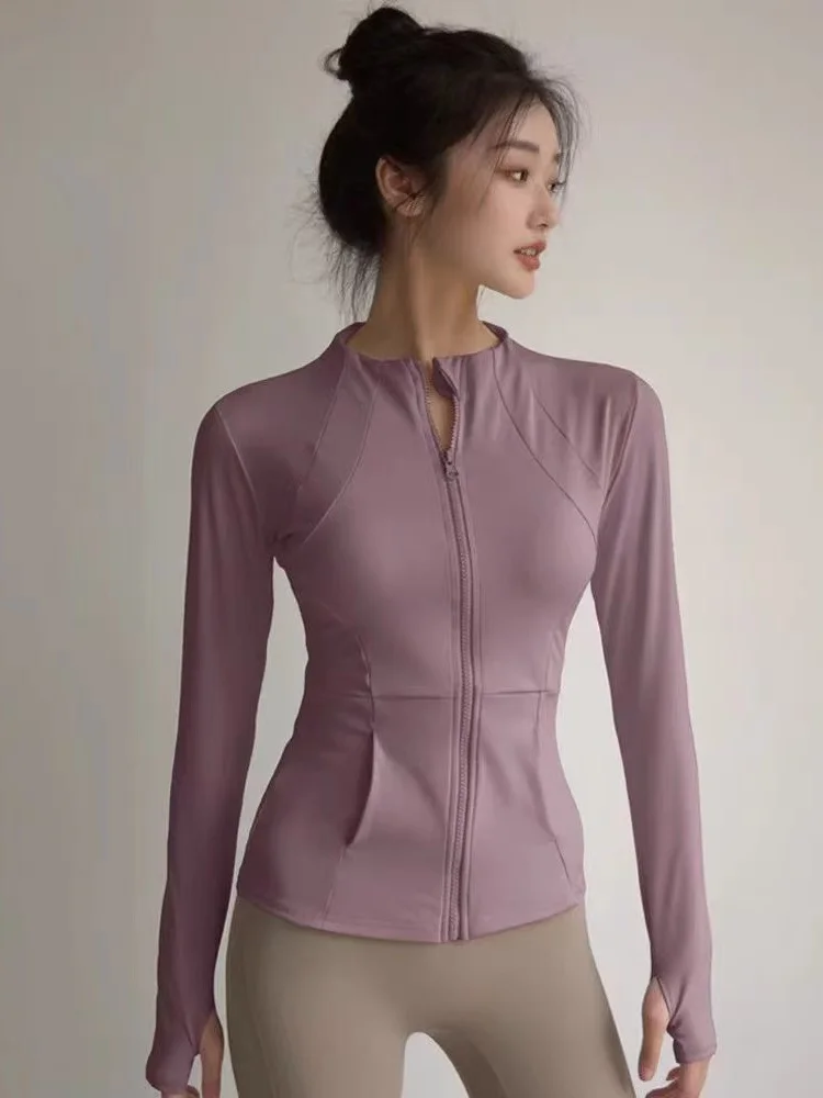 여성용 전문 요가 스포츠 재킷 가을 겨울 타이트 러닝 짐 탑 지퍼 가디건 빠른 건조 나일론 긴팔 슬림 핏