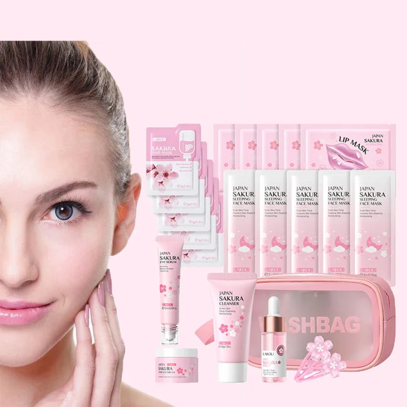 22 PCS Sakura Skin Care Set Eye & Face Serum Lip Sleeping Mask Nud Mask Cleanser Essence Cream Moisturizer Smoothing Nourishing 1