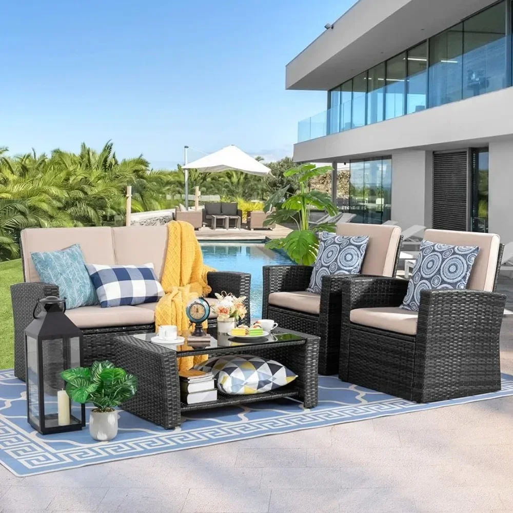 

4-Piece Outdoor Patio Furniture Set,Wicker Rattan Sectional Sofa Couch with Glass Coffee Table|Black Easy Cleaning and Stronger