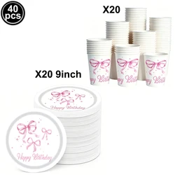 Pink Bow Birthday Party Tableware Set - Plates, Cups, and Napkins (Blue)