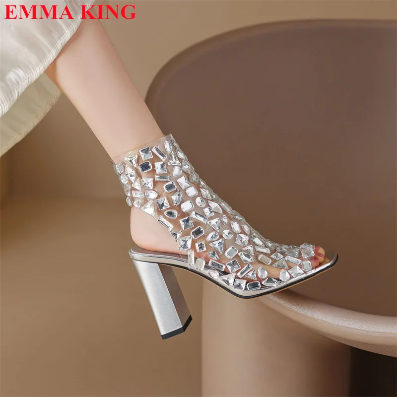 

Fashion Women Clear PVC Open Toe Sandals Boots Transparent Crystal Ankle Boots For Women Sexy Diamond Thick Heel Slingback Shoes
