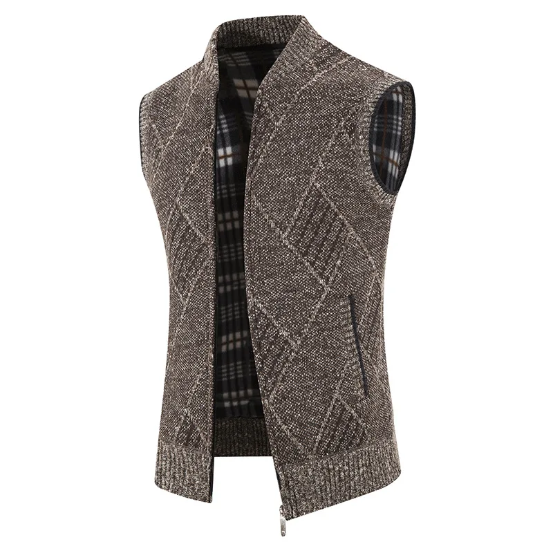 Men's winter warm vest with plush and thick waistcoat, standing collar, sleeveless sweater, knitted cardigan, shoulder vest