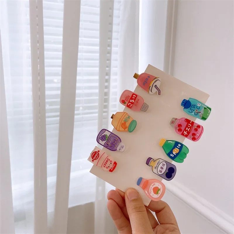 10pcs/set Korean Kids Kawaii Cartoon Animal Drink Bottle Hairpins Girls Acrylic Barrettes Kids Headwear Hair Accessories
