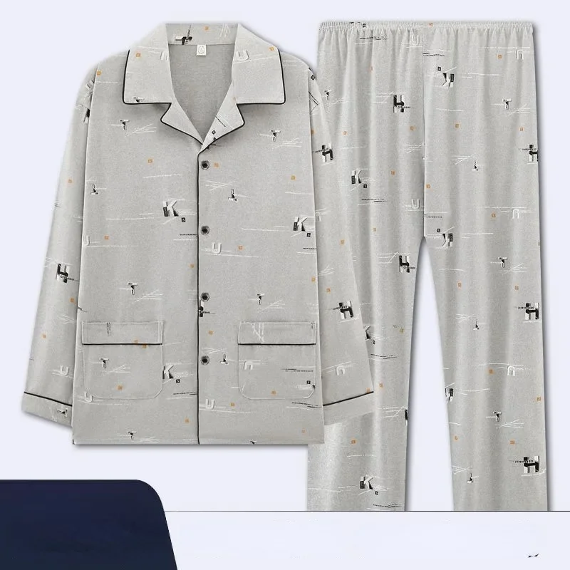 2024 new 100% Cotton Pajamas Men Spring Autumn Long-sleeved Loungewear Cotton Plus Size Fatty Youth Homewear Cardigan Suit