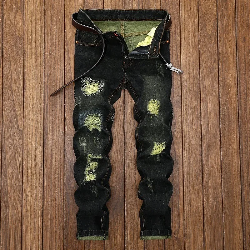 Men's Knee-length Ripped Vintage Jeans (without Belt) Hip-hop High Street Motorcycle Fashion Casual Straight Denim Trousers Male