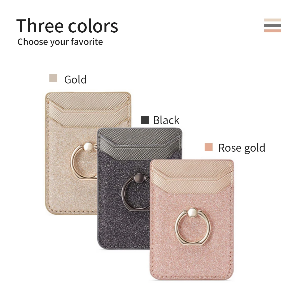 Fashion Cell Phone Smartphone Ring Socket Holder Wallet Credit Card Pocket Adhesive Sticker Phone Pouch Bag Case Black Rose Gold