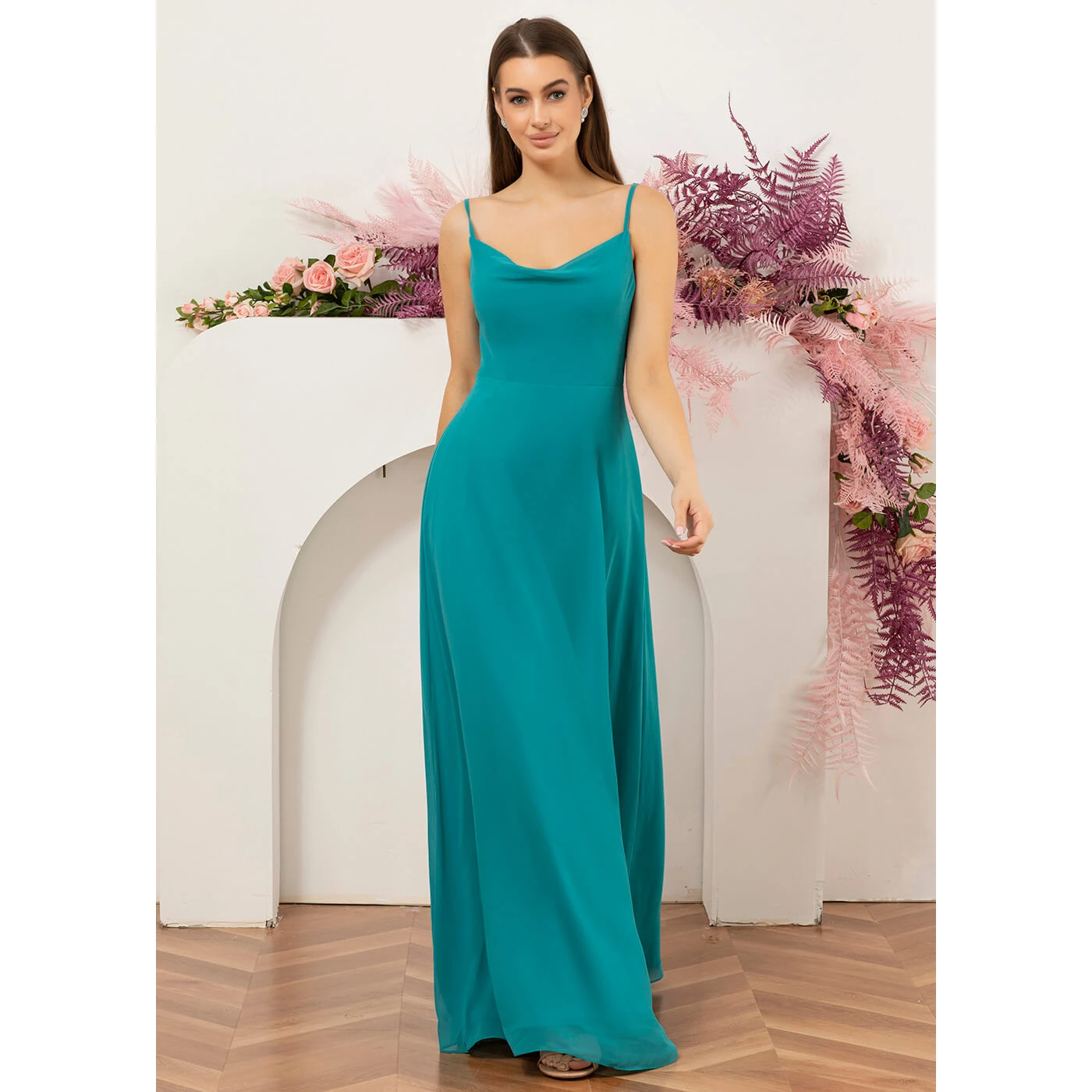 

Cowl Neck Maxi Bridesmaid Dress A-line Strap Elegant Wedding Guests Dresses Chiffon Prom Dress