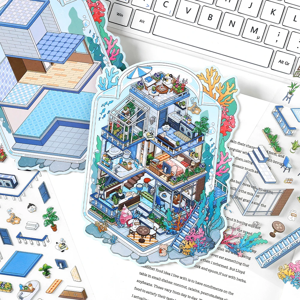 Kawaii Deep Sea Home 3D DIY Landscape Sticker Pocket Cabin Scene Stacking Pasting Festival Birthday Gift for Kid Child