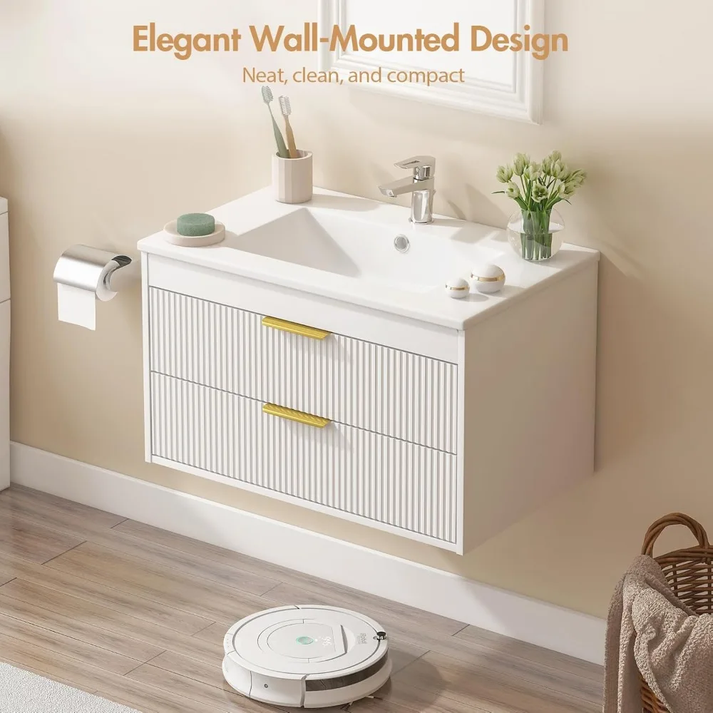 30" Bathroom Vanity Cabinet with Ceramic Sink, Wall-Mounted Floating Vanity, 2 Large Storage Drawers, with Sensor LED Light 5
