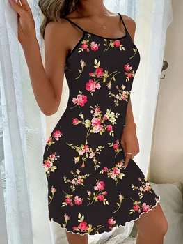 Single-Piece Women's Four-Season Summer Style Casual Romantic Floral Print Cute Halter Dress 6