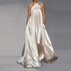 Women Dress Temperament Color Big Pendulum Sleeveless Hanging Neck Hollow Loose Fashion Solid Color Long Summer Banquet Dress