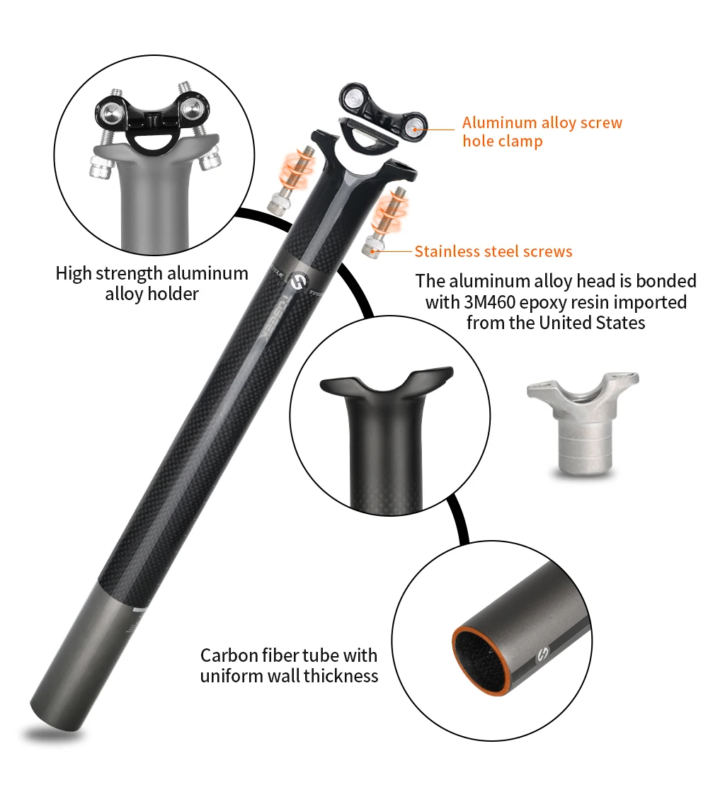 TOSEEK Carbon Sattelstütze Offset 0mm Fahrrad Sattelstütze Carbon 27,2/31,6mm Länge 350/400mm Fahrrad Sattelstütze Teile MTB Carbon Kanu – Detail 3