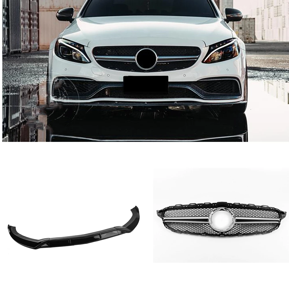 

For Mercedes-Benz W205 C Class 2019-2021 C200 C300 C250 C43 AMG Silver Front Grille Grill+Gloss Black Lower Bumper Spoiler Lip