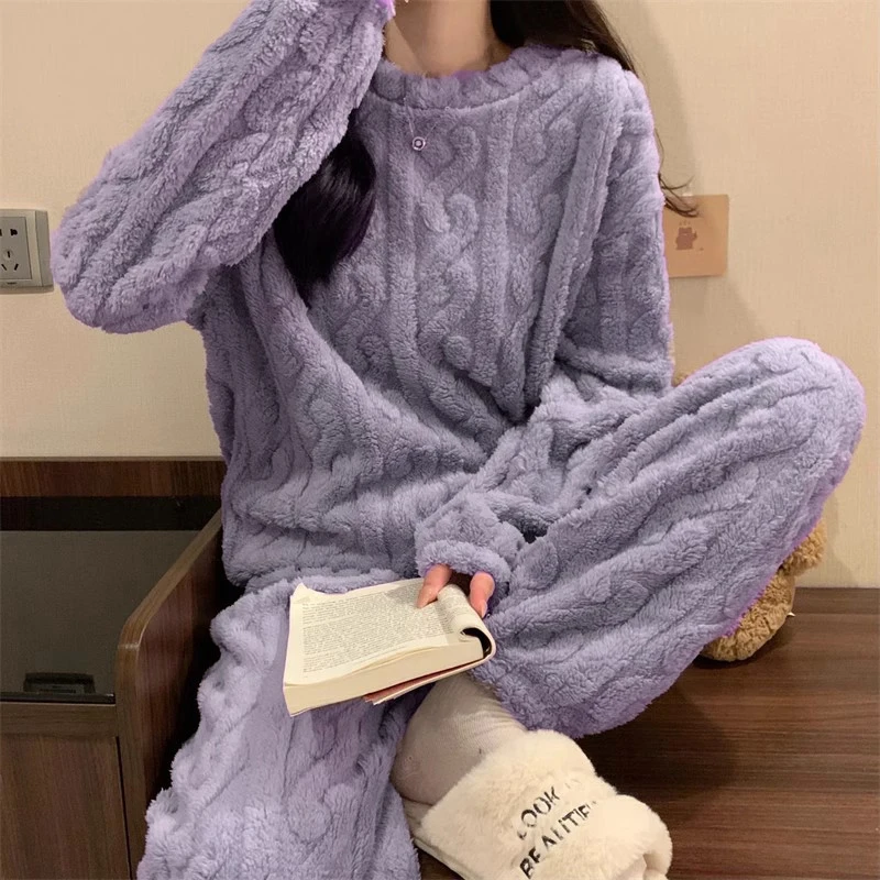 Ultra Soft Warm Coral Fleece Pajama Set Lightweight Fluffy Winter Loungewear Sleepwear For Women Cozy Home Suit Winter Style New
