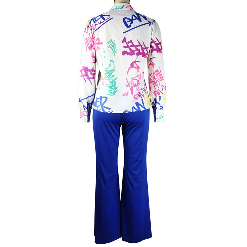 Fashion Turn-down Collar Printing Long Sleeve Shirt Casual Elastic Waist Blue Wide Leg Pants Two Piece Set Women Plus Size Sets