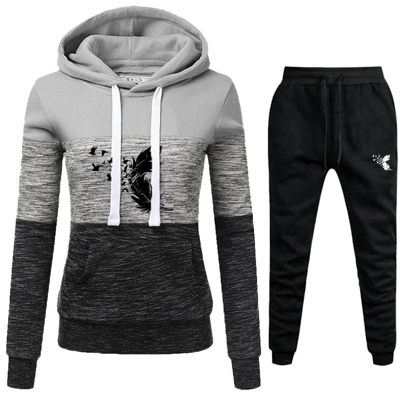 Women's printed tricolor hoodie set hooded sports top pants set sports jogging set hooded track and field suit S-4XL