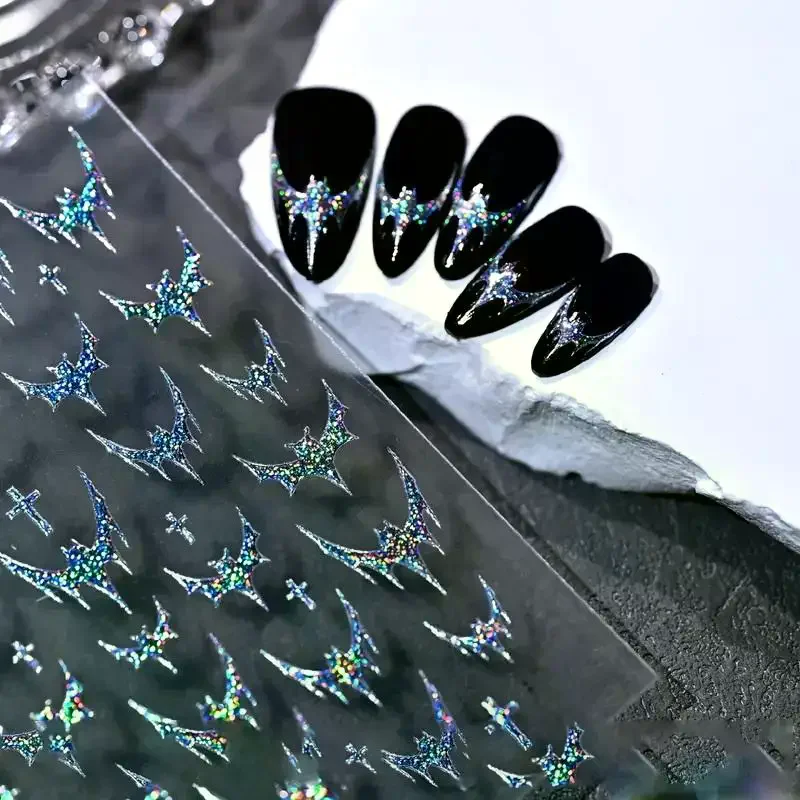 Dazzling Laser Gothic Halloween Nail Art Stickers Shiny Red Silver Black Bat Cross Adhesive Decals for Dark Style Manicure Decor