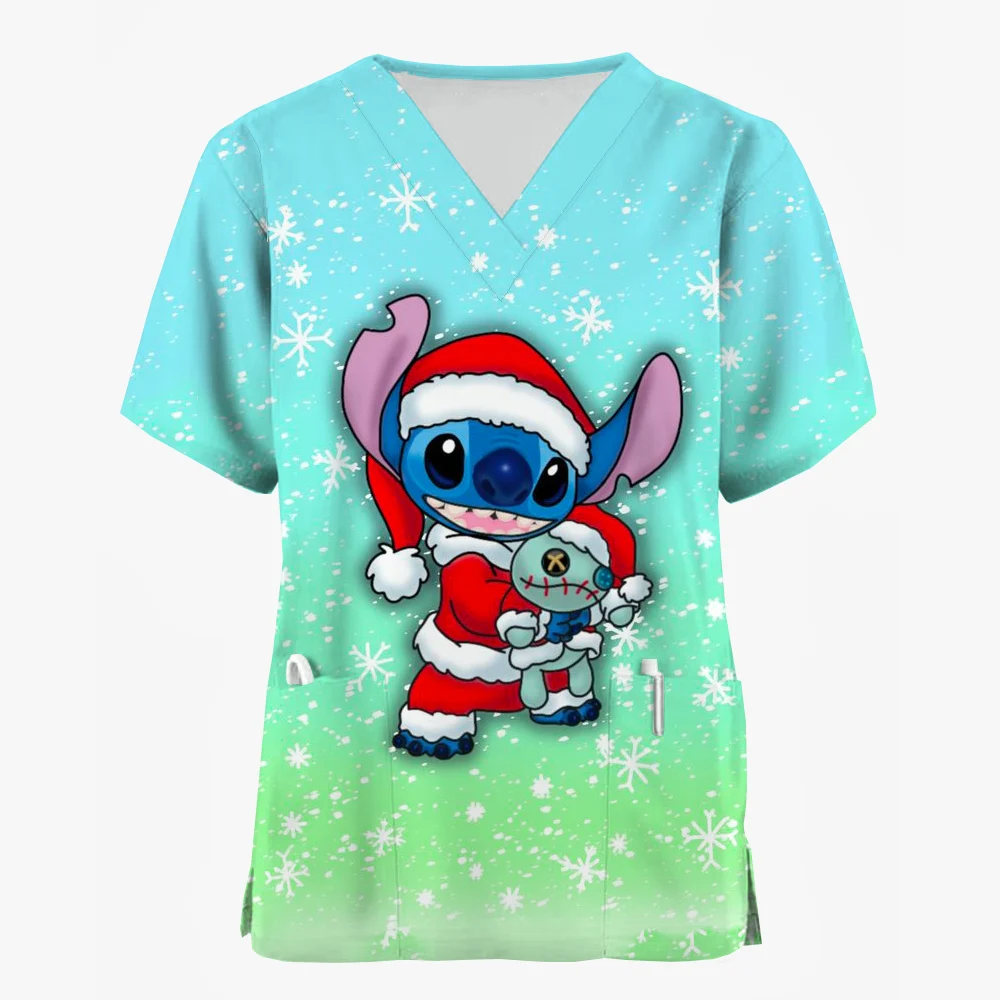 Nurse Uniforms Women Merry Christmas Print Short Sleeve Stitch Scrubs Working Medical Blouse Overalls Uniforms Medical Nursing