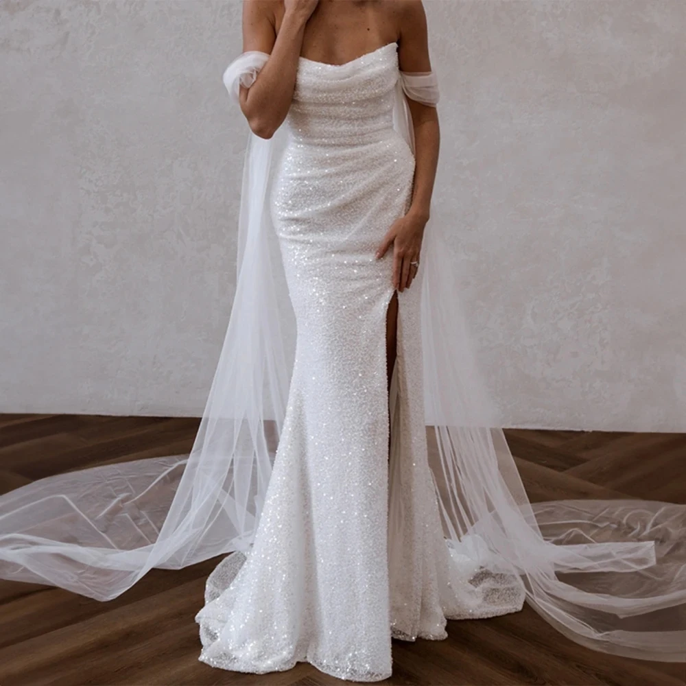 

Блестящее свадебное платье с открытыми плечами и блестками, соблазнительные Свадебные платья с разрезом сбоку и юбкой-годе для невесты со съемной накидкой