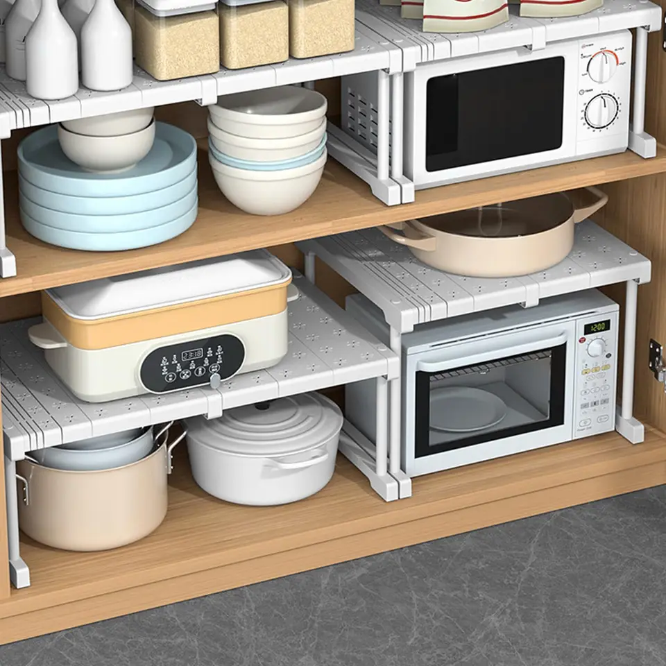 2 Pezzi Organizzatore Impilabile Per Armadio Da Cucina, Metallo, Espandibile Da 32 A 52 Cm, Regolabile, 30 LBS