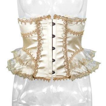 Women Court Style Corset Underbust Luxury Lace Bustier Vintage Bodice Lace Up Boned Waist Trainer Stage Costume Gold Tight Tops